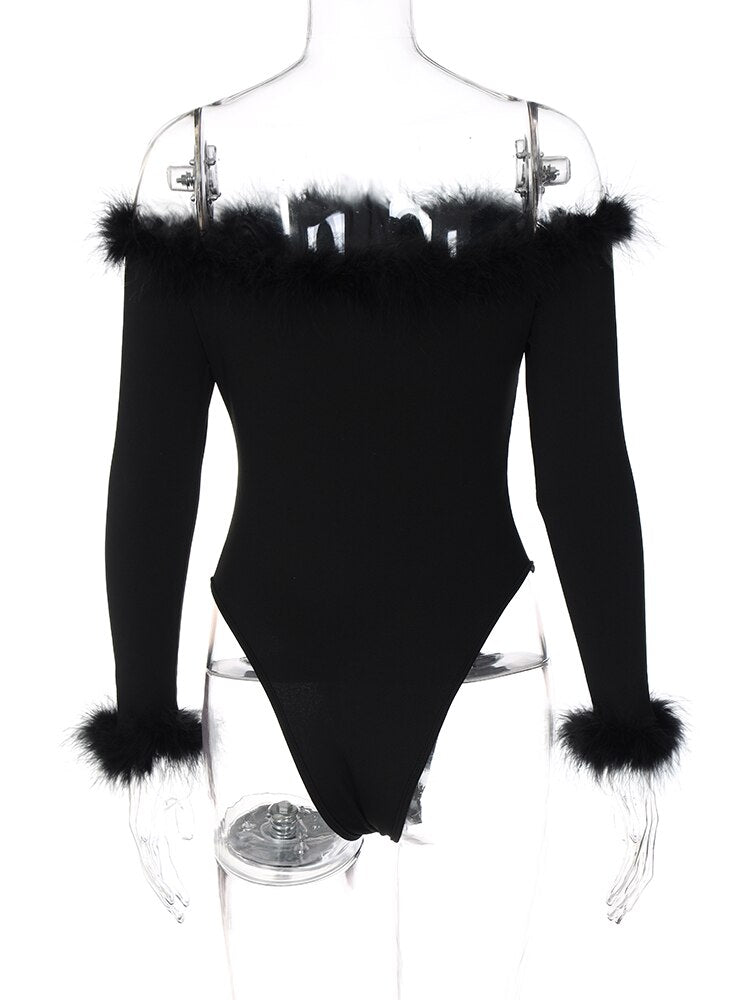 Hugcitar Feather Slash Neck Long Sleeve Solid Elegant Sexy Bodycon Bodysuit