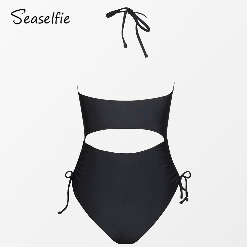 SEASELFIE Black Cut Out Halter One-piece Swimsuit For Women Sexy Drawstring Monokini Swimwear Beach Bathing Suit Beachwear