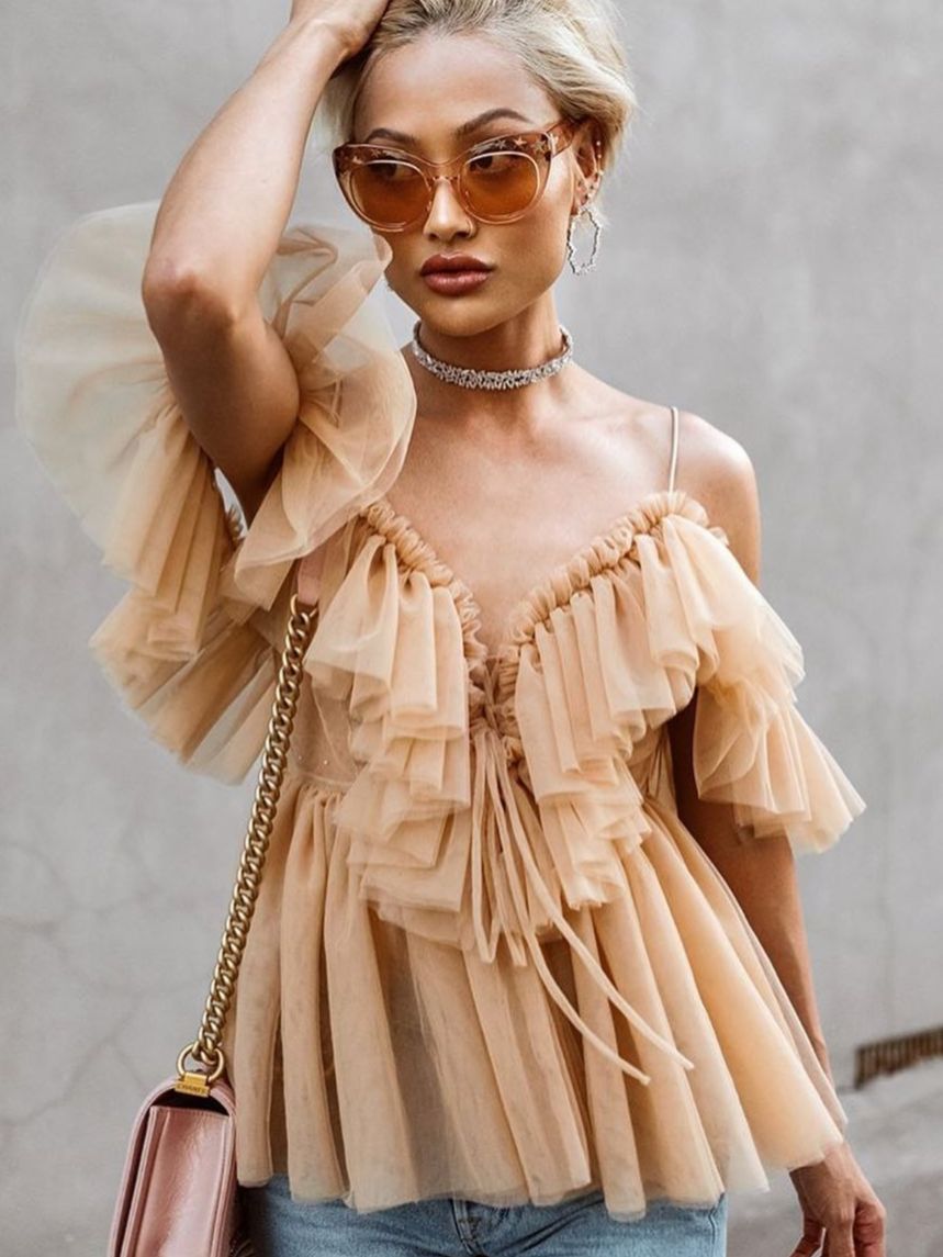 Simplee V-neck mesh lace up sexy blouse summer women Strap boho ruffle cold shouler elegant tops Tulle see through casual shirt