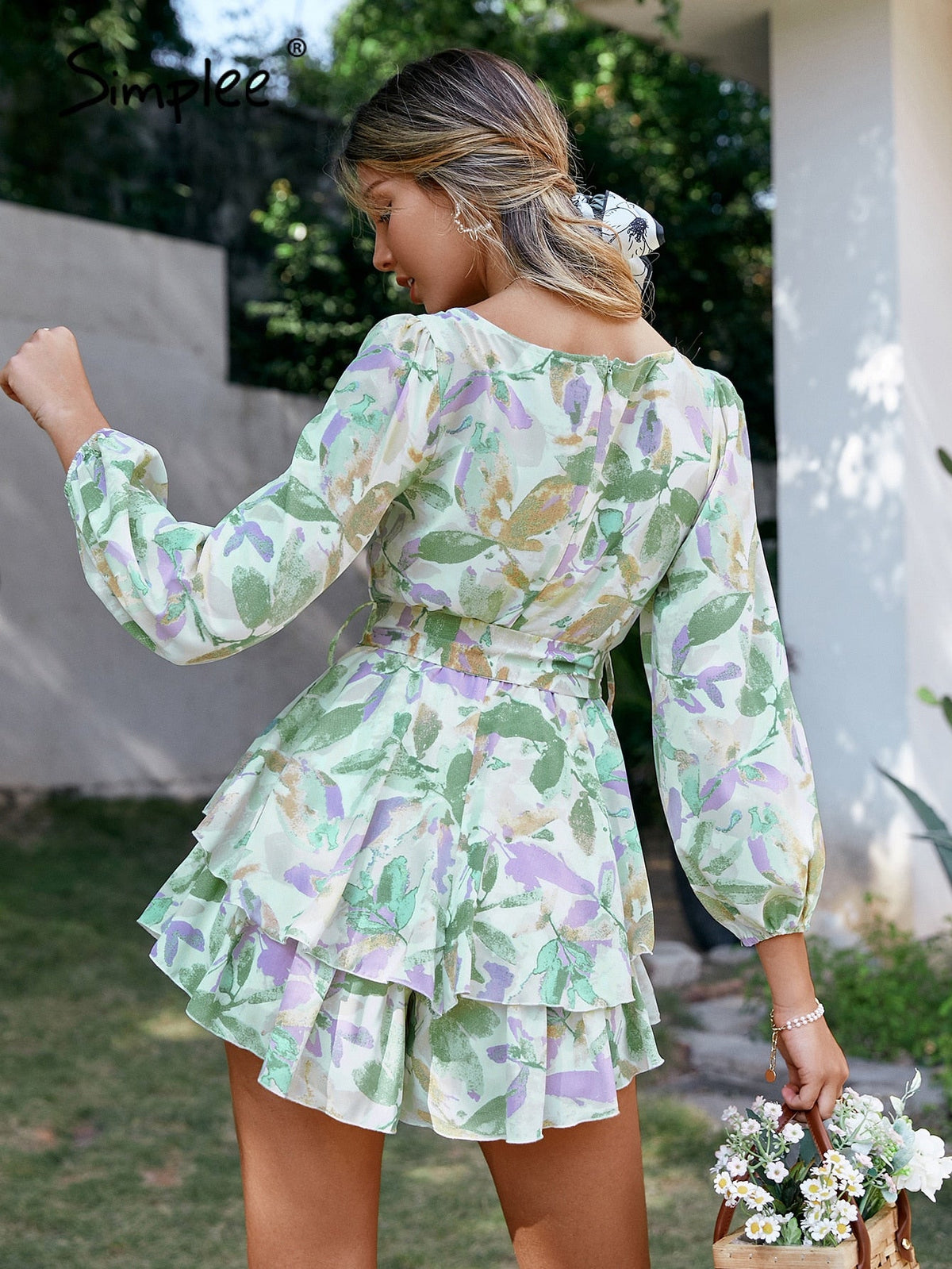 Simplee Holiday sash long sleeve ruffle print romper summer women Lace up floral short
