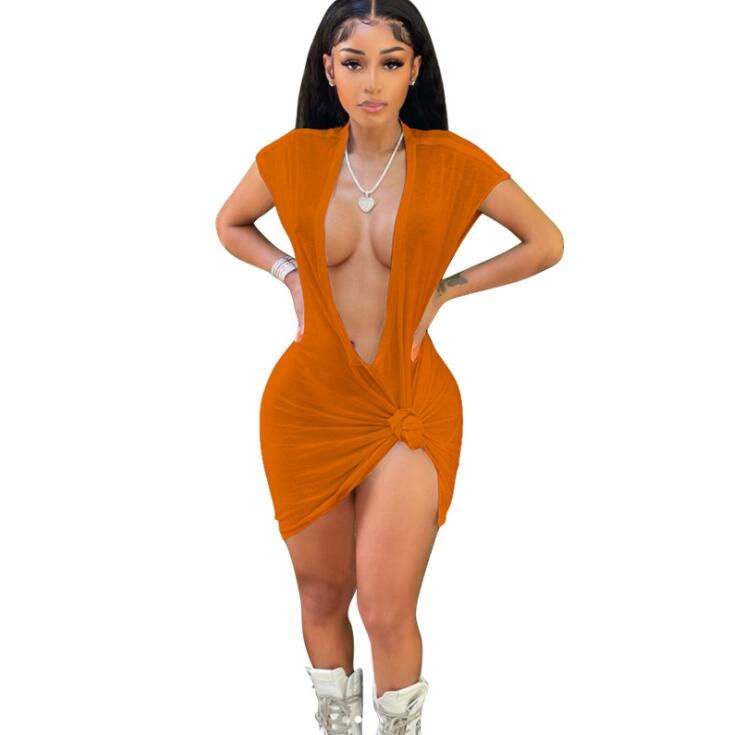 CM.YAYA Women Dress Solid Short Sleeve Deep V-neck