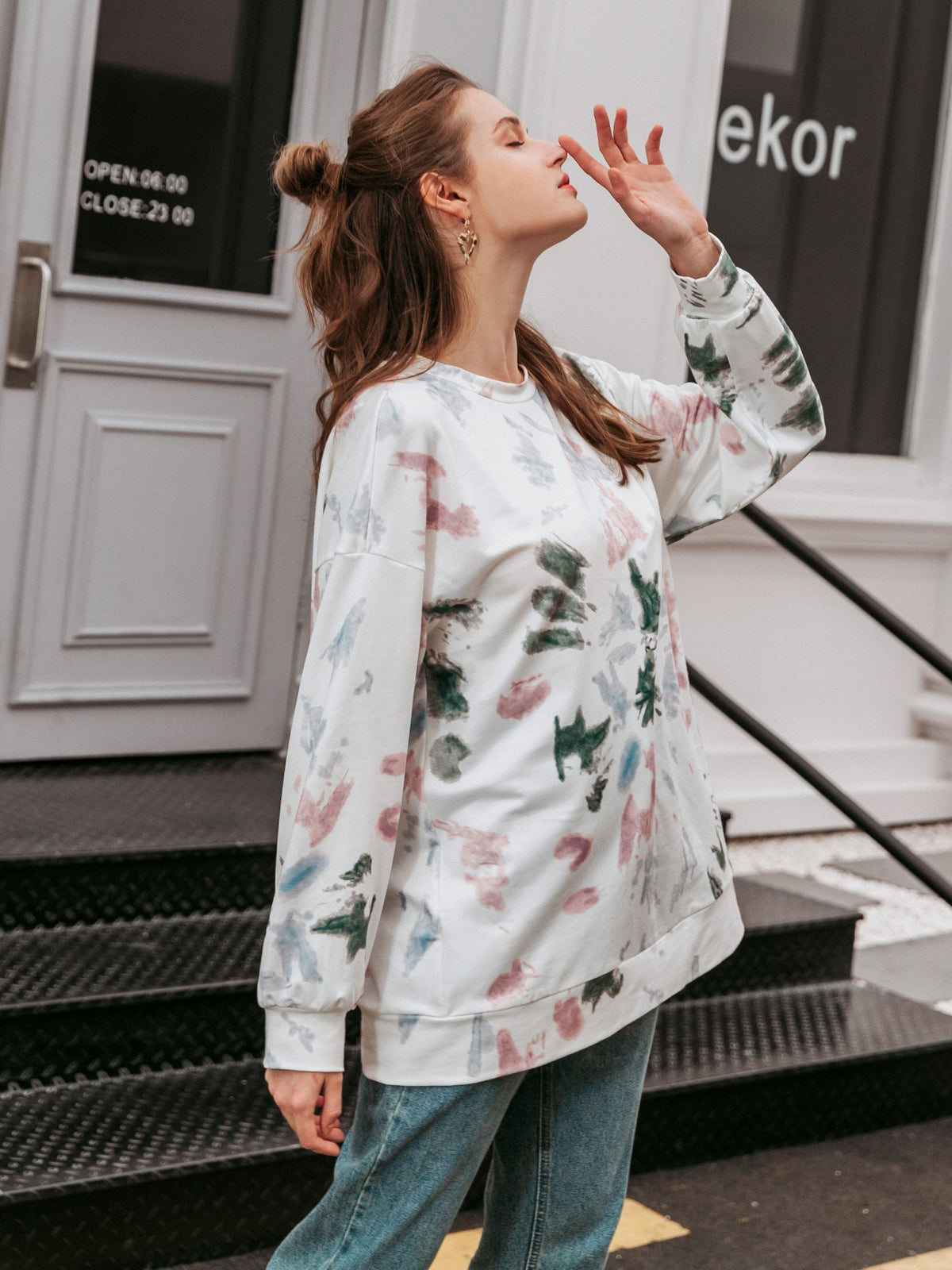 Simplee women's round neck tie dye long sleeve Hoodies