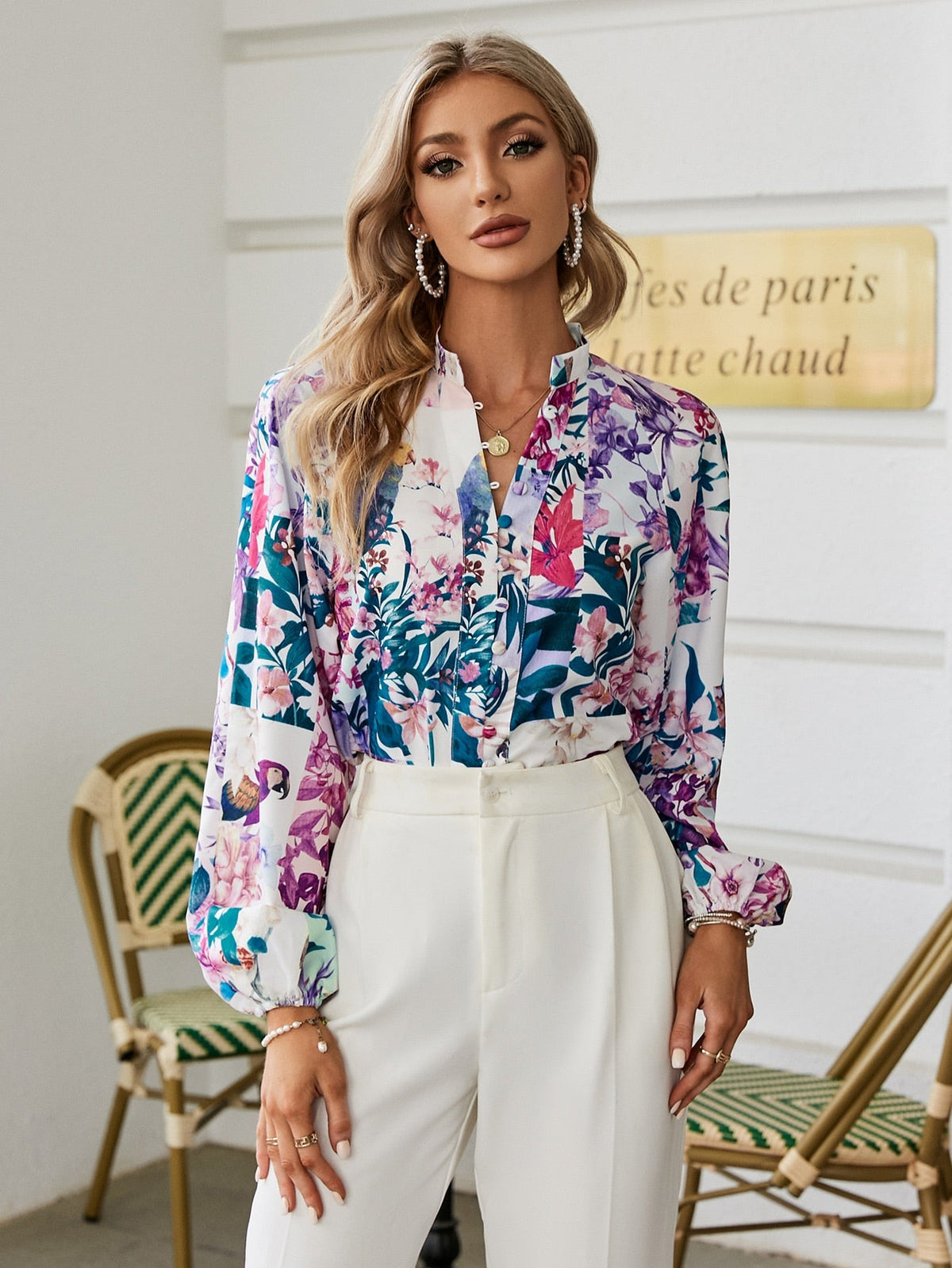 Simplee Elegant lantern sleeve loose print women shirt