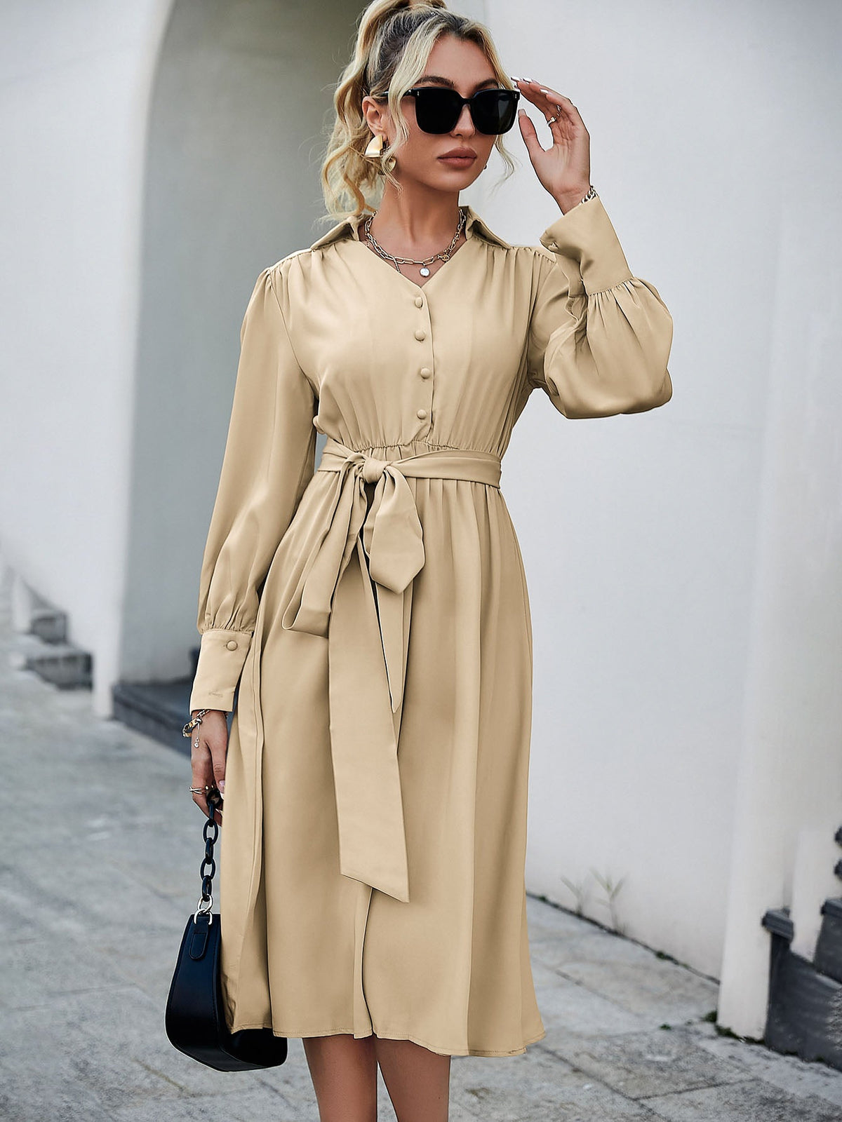 Simplee Elegant a-line bishop long sleeve lace up women dress
