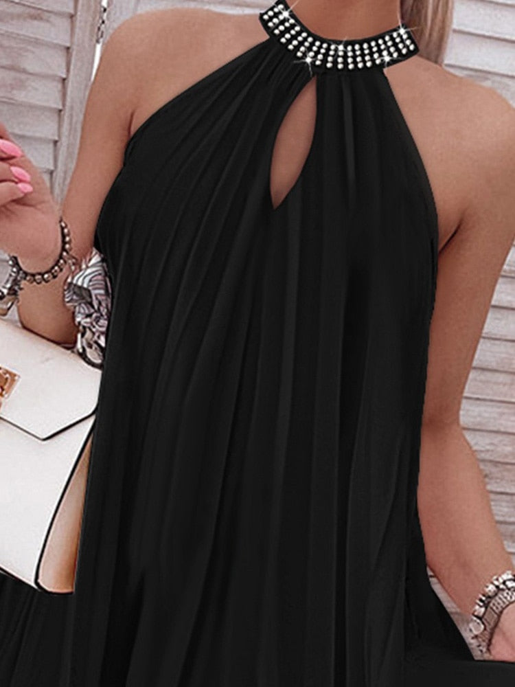 Rhinestone Decor Sleeveless Keyhole Pleated Halter Casual Dress