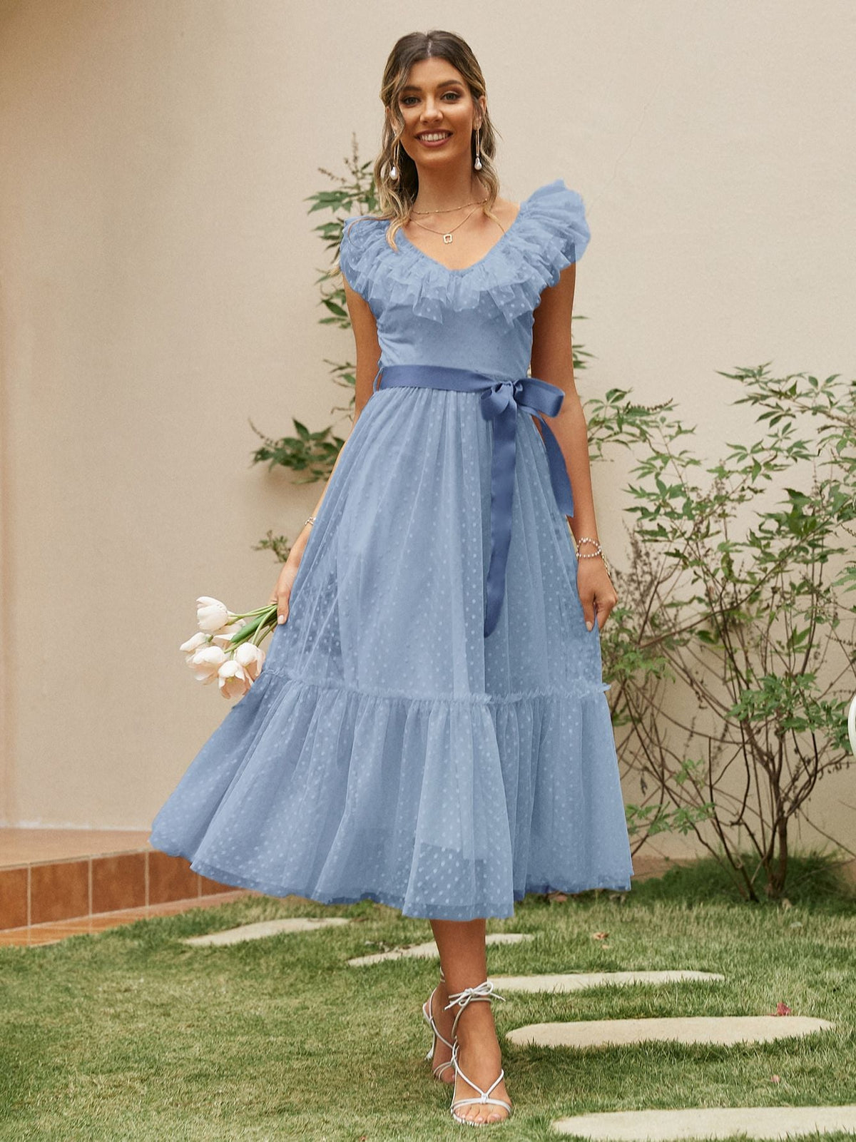 Simplee V-neck mesh polka dot summer tulle party dress women Backless pink ruffle sleeveless dresses Elegant sash maxi vestido