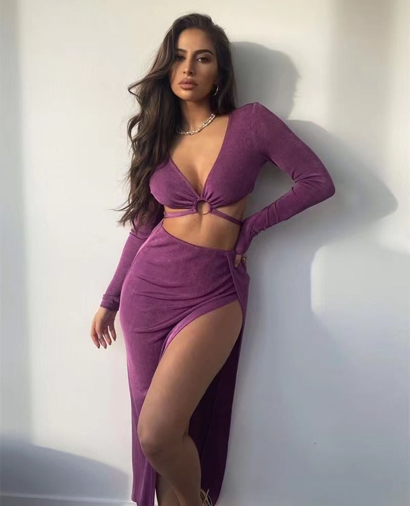 New Long Sleeve Bandage Dress Sets Elegant Women Top And Skirts