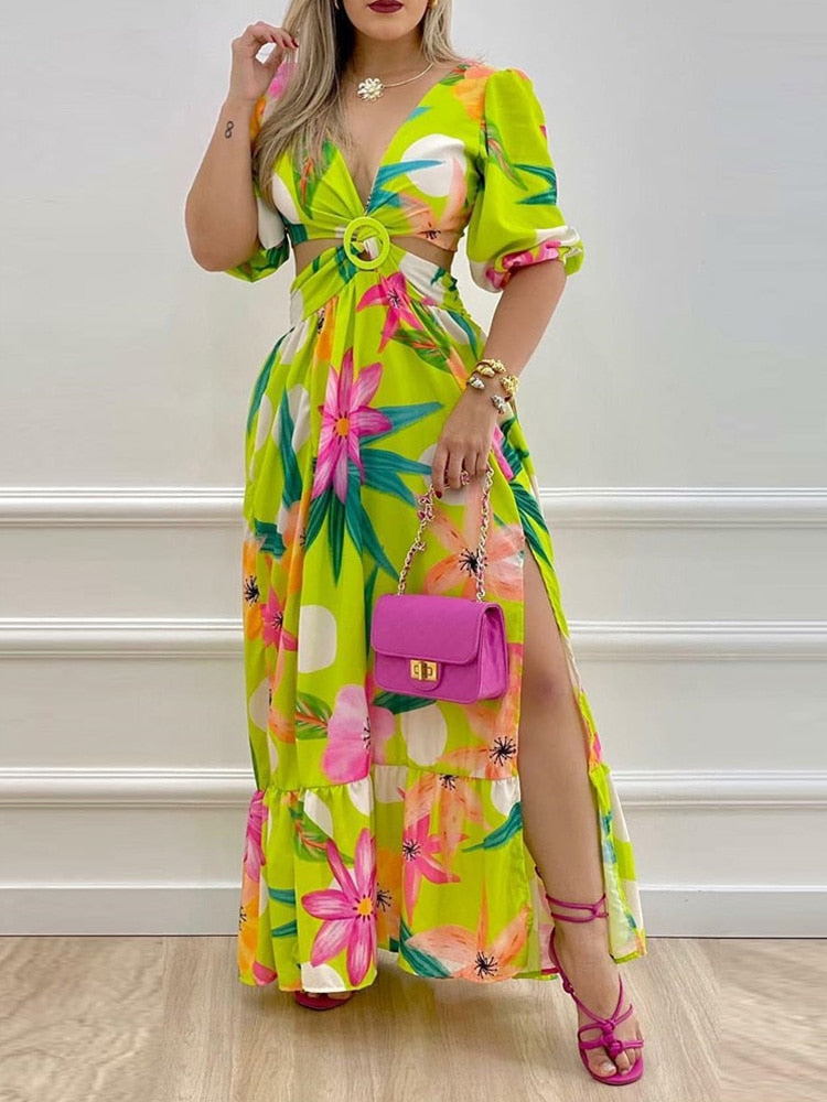 Colorblock Print O-Ring Twist Cutout Split Thigh Maxi Dress