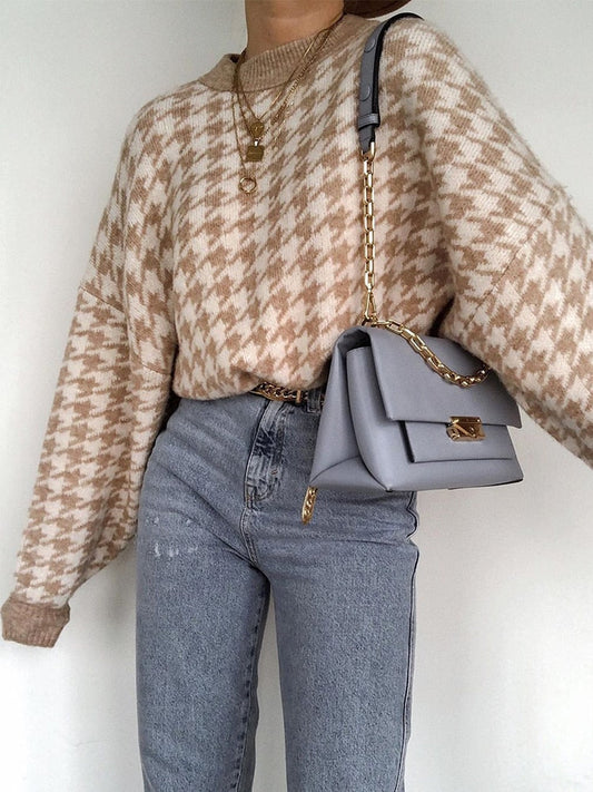 Simplee Women geometric khaki knitted sweater women casual Houndstooth lady pullover sweater