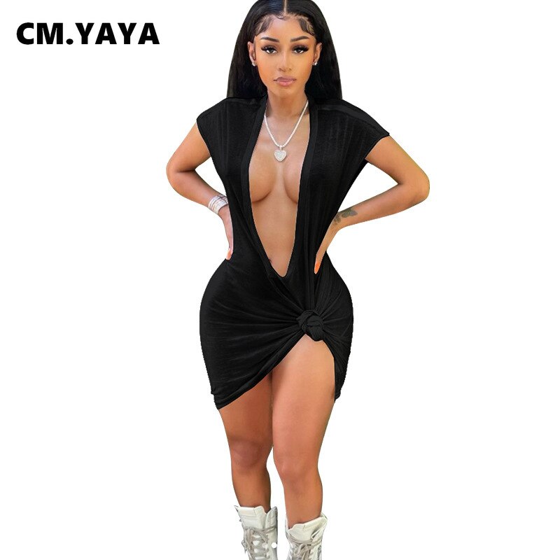 CM.YAYA Women Dress Solid Short Sleeve Deep V-neck