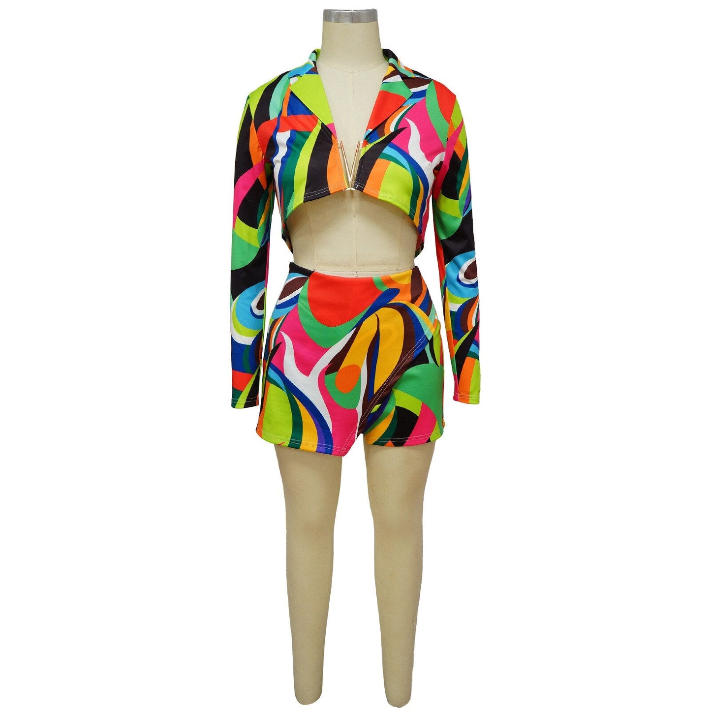Echoine Colorful Print Long Sleeve Turn Down Callar Shorts Set