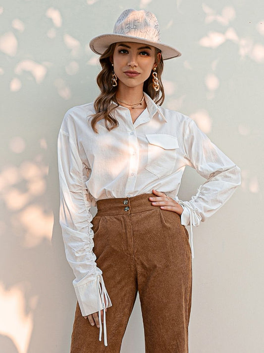Simplee Cotton shirring pocket women shirt