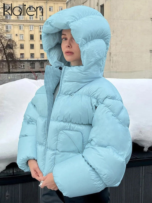 KLALIEN Winter Cotton-Padded Jacket Women Fashion Casual Slim Hooded Zipper Coat Female Streetwear Office Lady Streetwear New