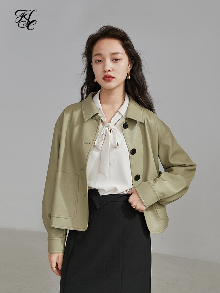 FSLE Polo Collar Full Drop Sleeve Leather Jacket Loose Short Straight Jacket Office Lady Solid Single Breasted Coats
