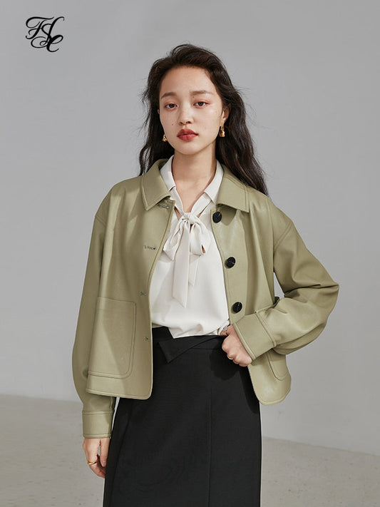 FSLE Polo Collar Full Drop Sleeve Leather Jacket Loose Short Straight Jacket Office Lady Solid Single Breasted Coats