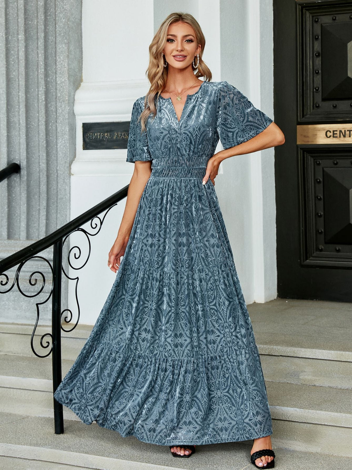 Simplee V-neck flare sleeve print velvet dress Party elegant womem dresses