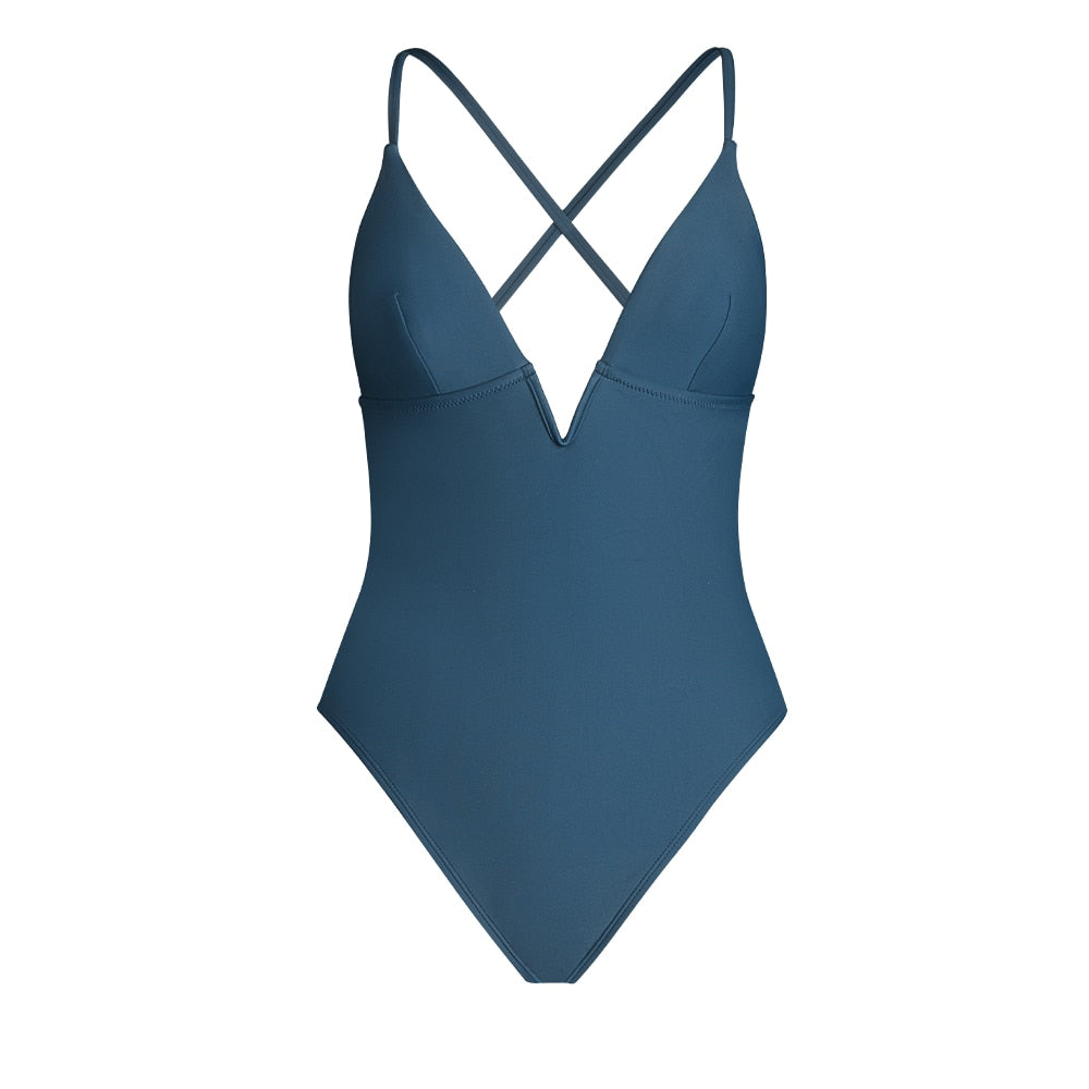 SEASELFIE V-Wire Cross Back One-piece Swimsuit For Women Black Sexy Backless Monokini Swimwear Bathing Suit Beachwear