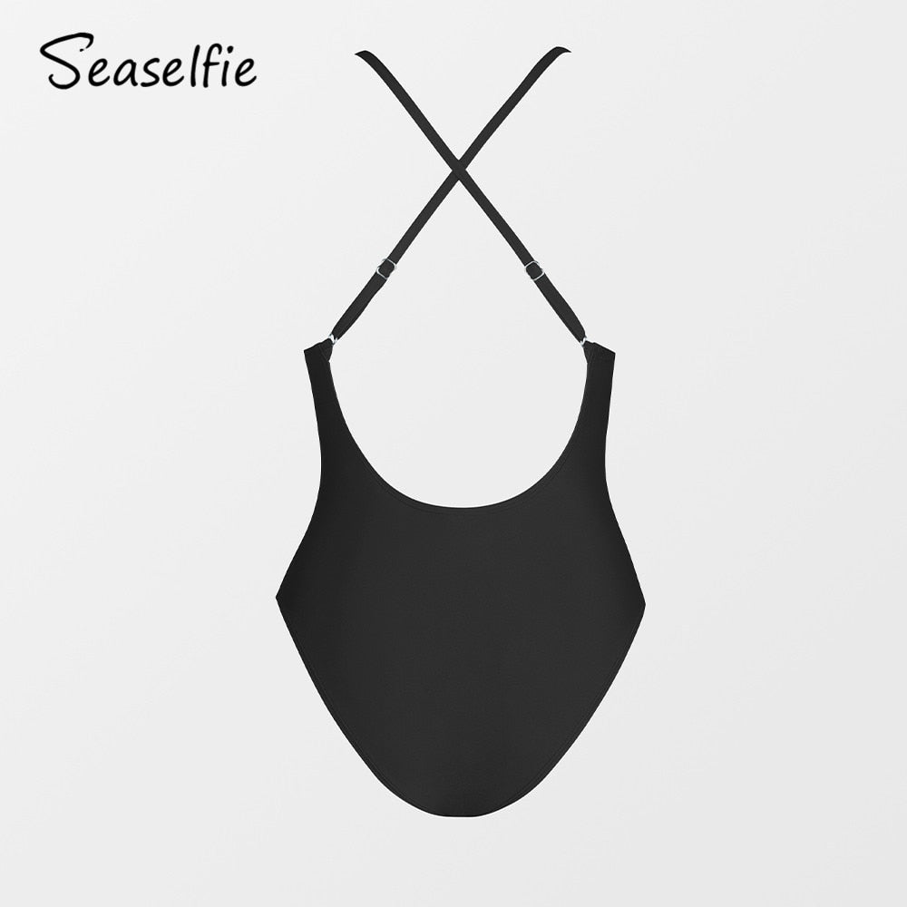 SEASELFIE V-Wire Cross Back One-piece Swimsuit For Women Black Sexy Backless Monokini Swimwear Bathing Suit Beachwear