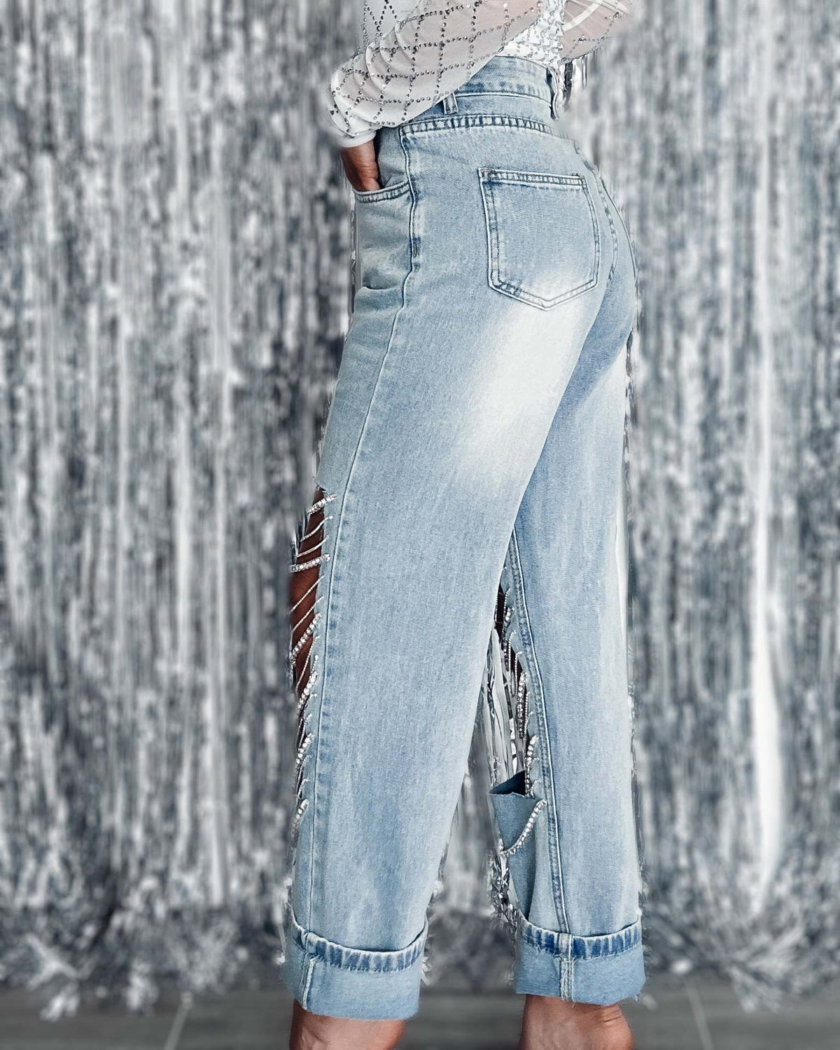 Straight Jeans Women 2023 Spring Summer Holes Diamond Rhinstones Solid Fashion High Street High Waist Cotton Denim Pants