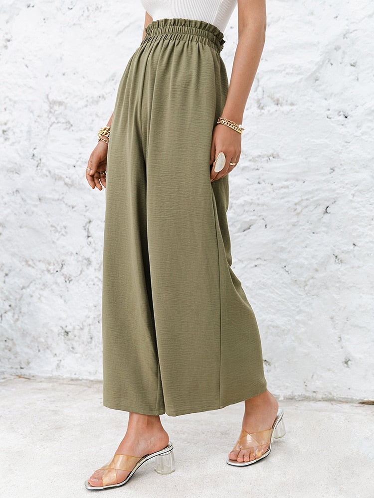 Simplee Solid color high waist wide leg pants