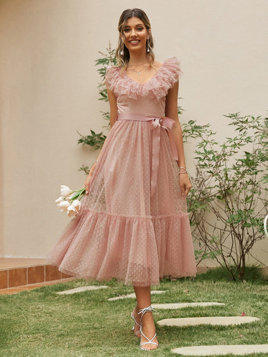 Simplee V-neck mesh polka dot summer tulle party dress women Backless pink ruffle sleeveless dresses Elegant sash maxi vestido
