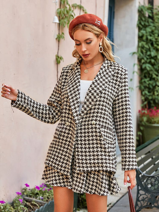 Simplee Office plaid shawl collar women blazer autumn Elegant houndstooth high waist pleated skirt Long sleeve pocket blazer