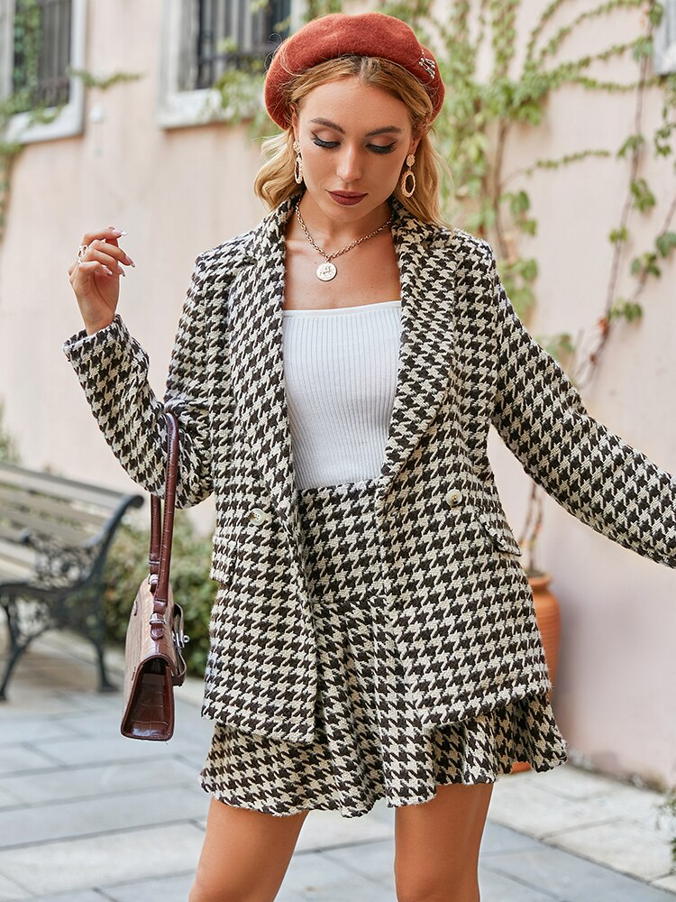Simplee Office plaid shawl collar women blazer autumn Elegant houndstooth high waist pleated skirt Long sleeve pocket blazer