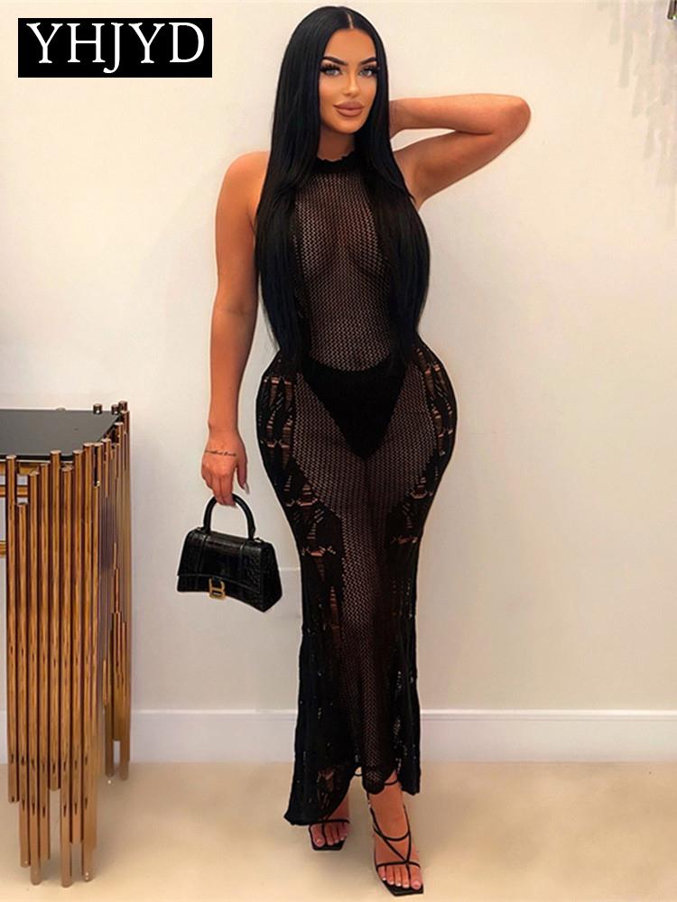 Women Knitted See Through Bodycon Beach Vacation White Long Dress