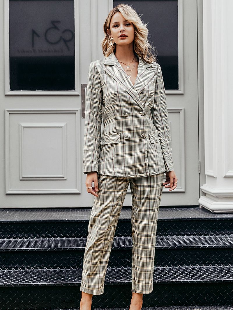 Plaid Double Breasted Ladies Blazer