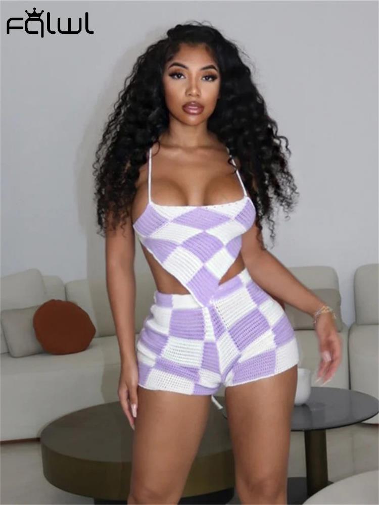 Summer Knitted Plaid Bodycon Two Piece Sets For Women