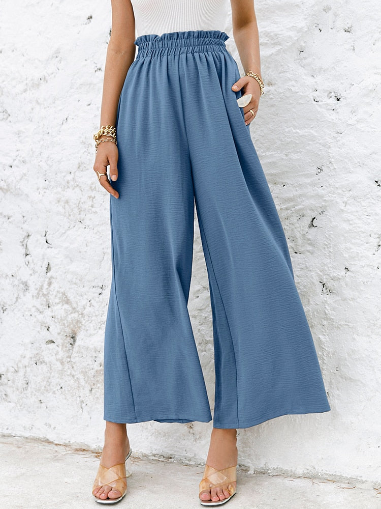 Simplee Solid color high waist wide leg pants