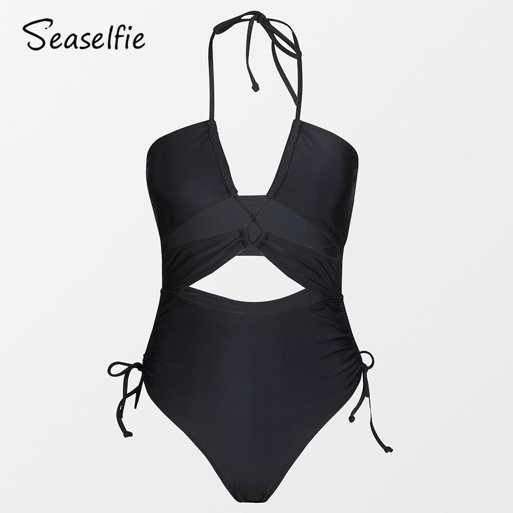 SEASELFIE Black Cut Out Halter One-piece Swimsuit For Women Sexy Drawstring Monokini Swimwear Beach Bathing Suit Beachwear