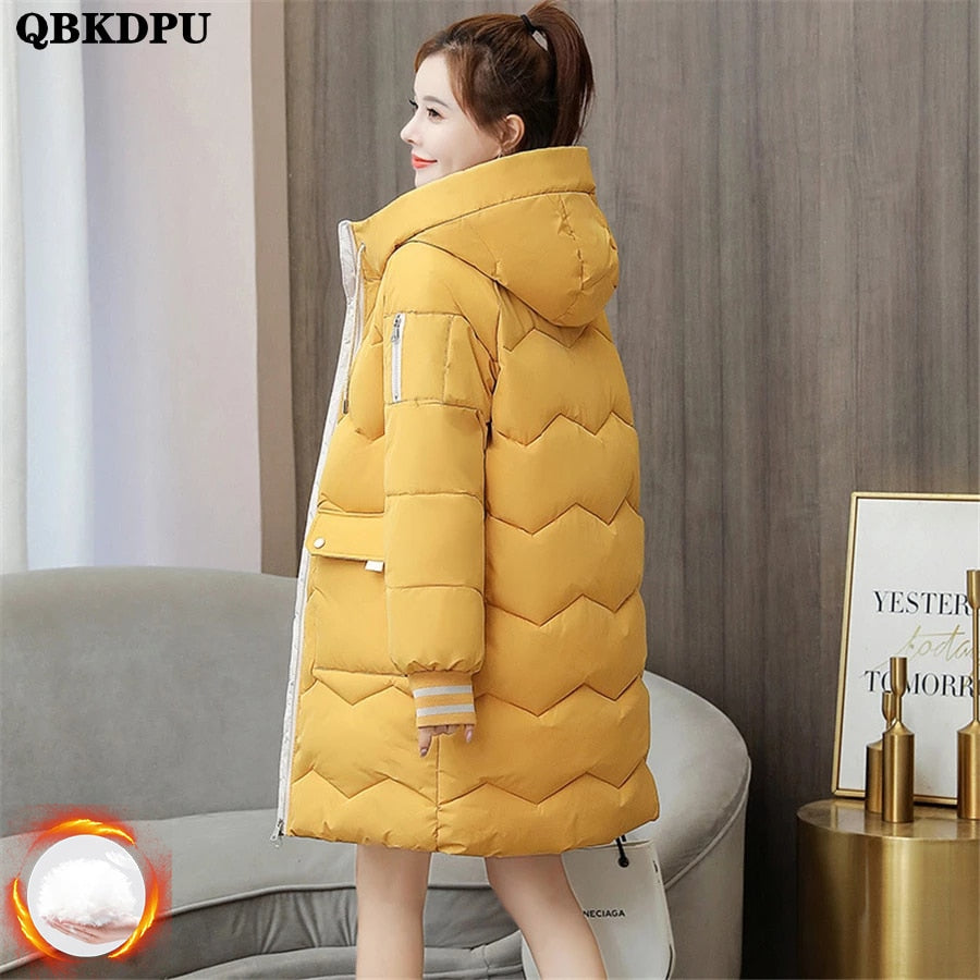 Oversized 4XL Hooded Mid-length Cotton Padded Coat Women Loose Warm Thicken Parka Fluffy Overcoat