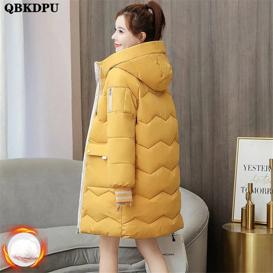 Oversized 4XL Hooded Mid-length Cotton Padded Coat Women Loose Warm Thicken Parka Fluffy Overcoat