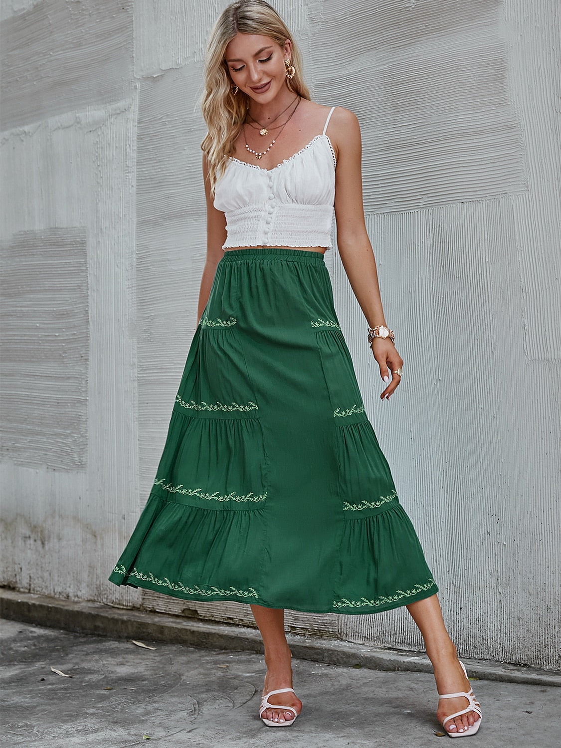 Simplee Bohemian pleated women's long skirt green A-line leave pattern summer skirt boho Loose elastic waist soft ladies bottom