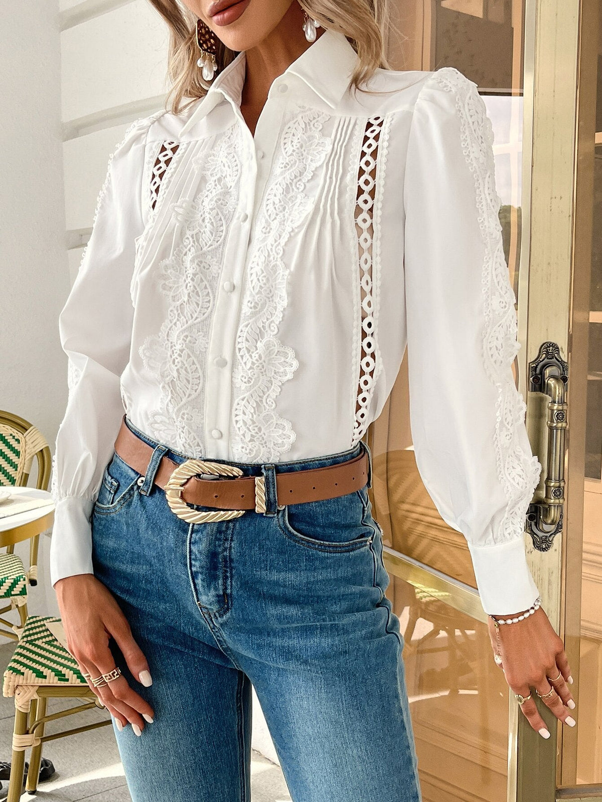Simplee White elegant hollow out women shirt Lace patchwork frills puff sleeve office shirts