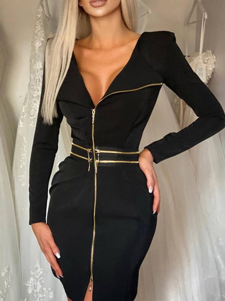 Zipper Design Sexy V Neck Slim Black Dress Women Long Sleeve Elegant Work Dress