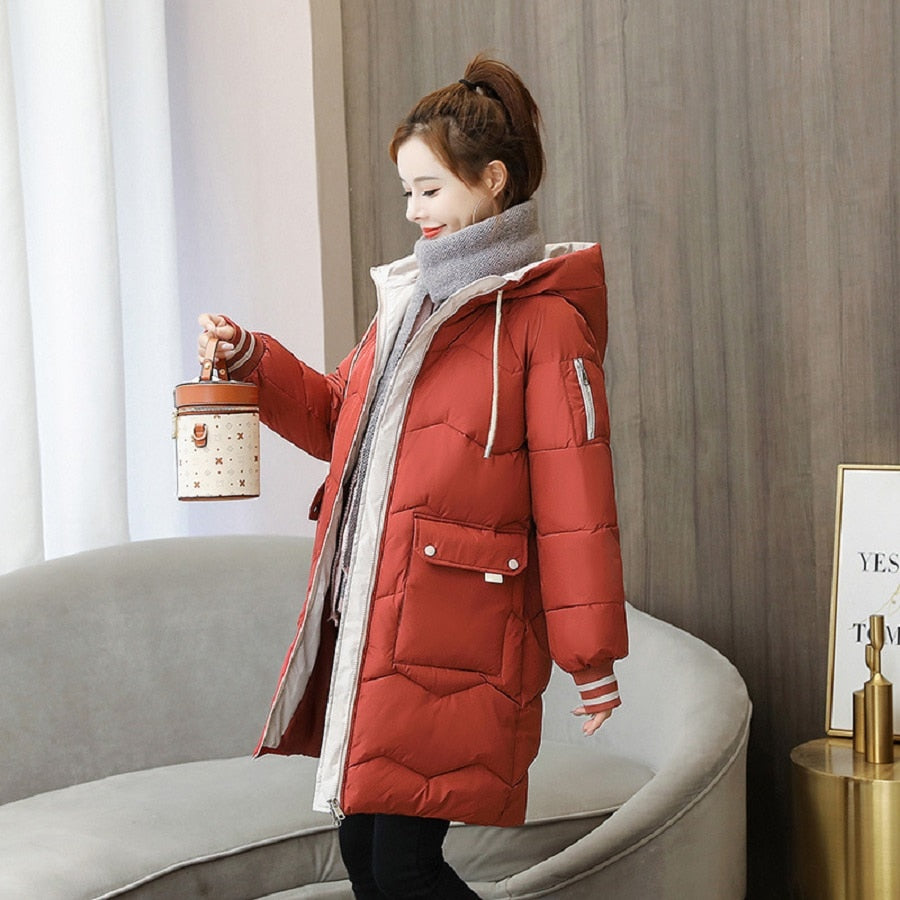 Oversized 4XL Hooded Mid-length Cotton Padded Coat Women Loose Warm Thicken Parka Fluffy Overcoat