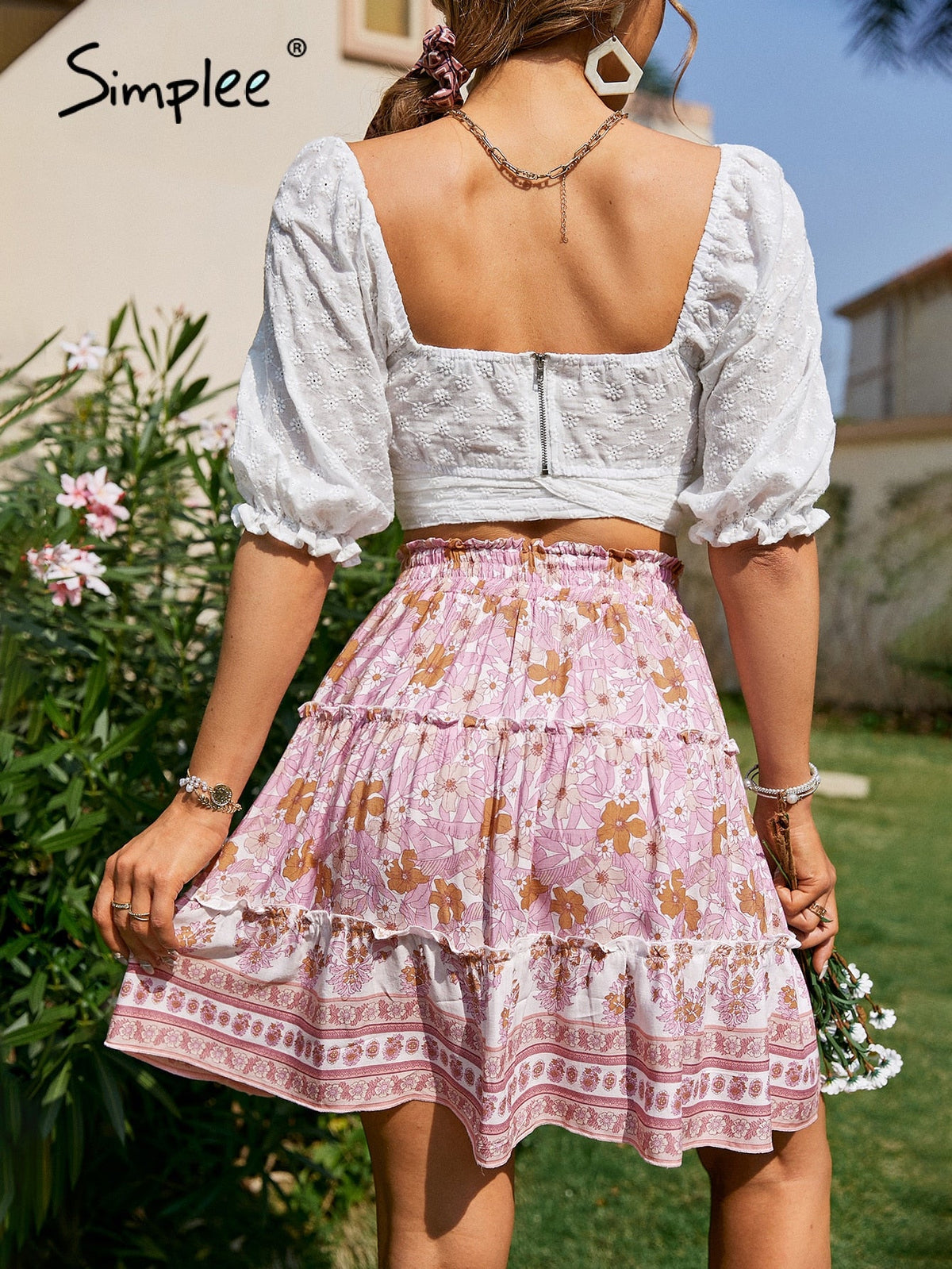 Simplee Boho ethnic tassel lace up print mini skirt summer women Floral elastic bohemian ruffle skirts pink A-line frills bottom