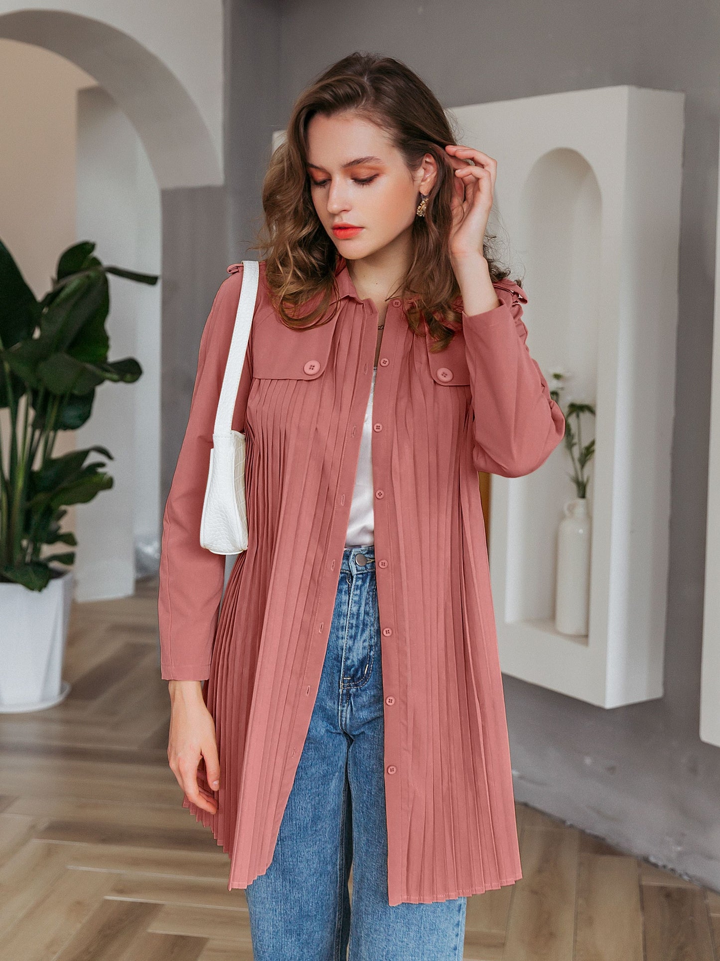 Simplee Casual turn-down collar pleated women trench coat Single-breasted belt female windbreaker High street ladies wind coat