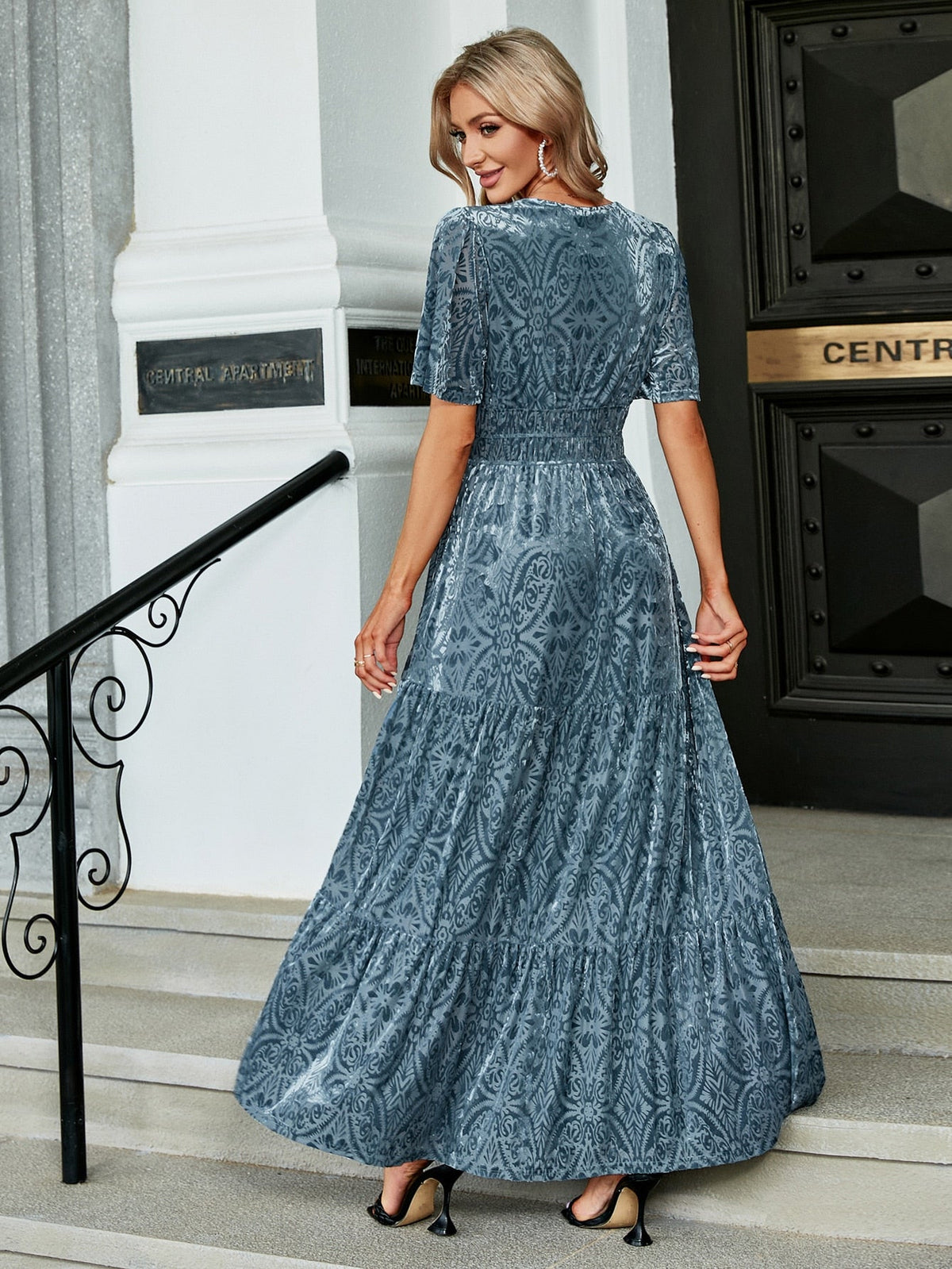 Simplee V-neck flare sleeve print velvet dress Party elegant womem dresses