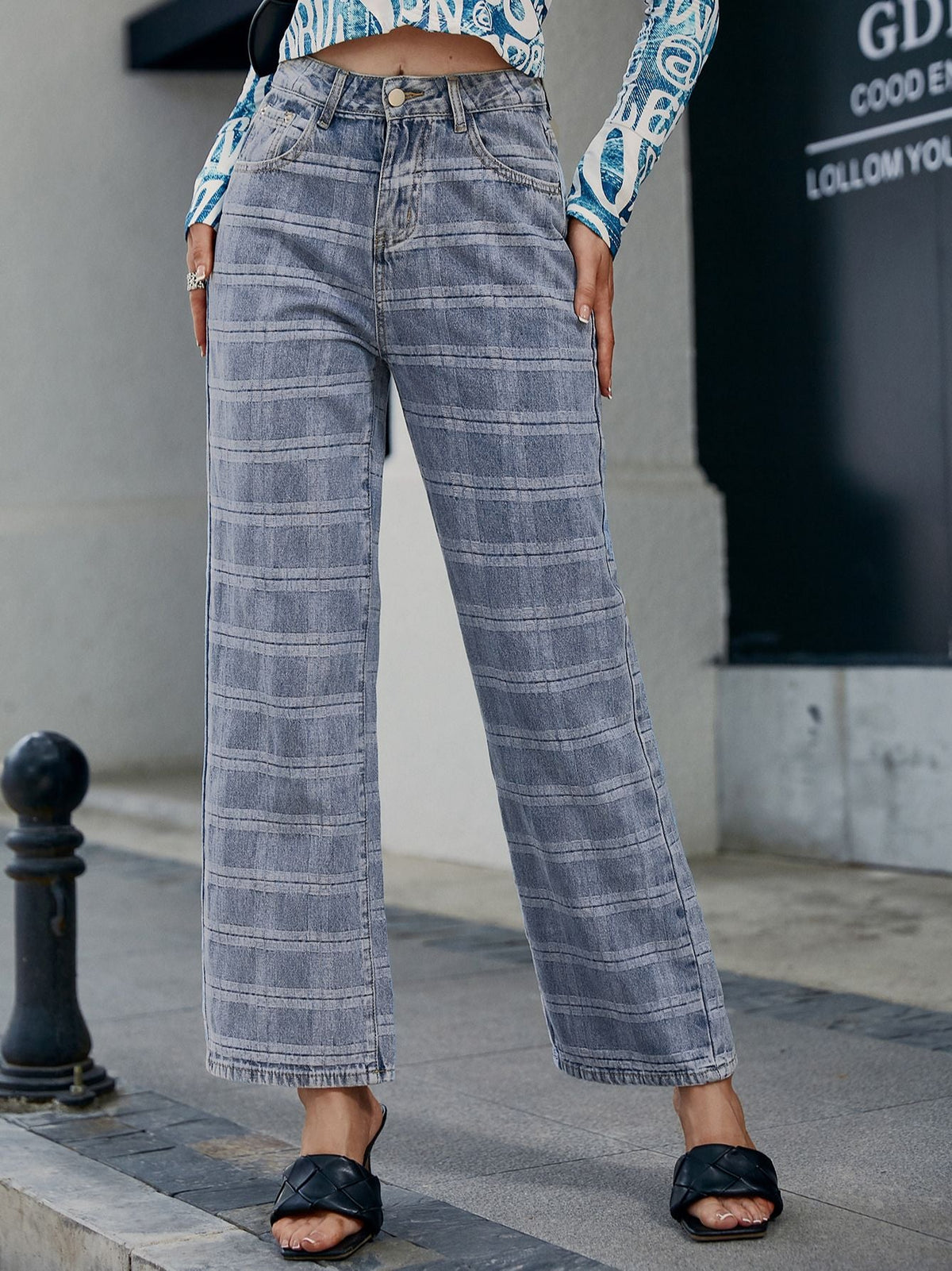 Simplee Cotton vintage plaid pocket women jeans