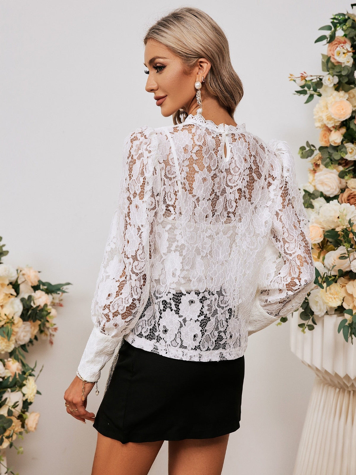 Simplee Puff sleeve elegant lace blouse with camisole See through sexy women blouses