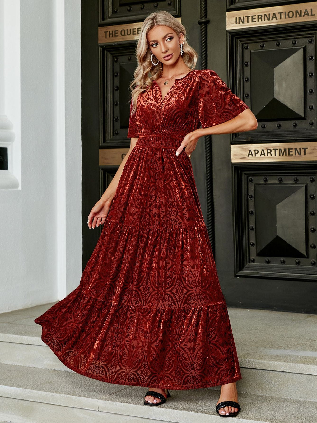 Simplee V-neck flare sleeve print velvet dress Party elegant womem dresses