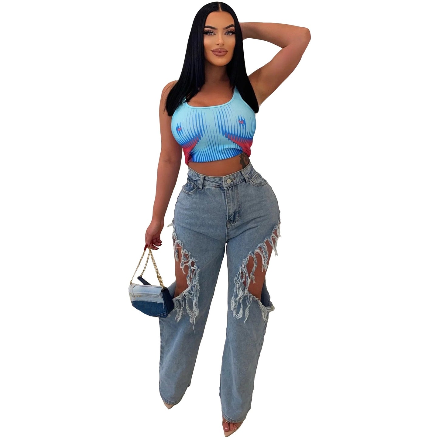 Ripped Women High Waist Tassel Jeans Hole Heart Irregular Denim Trousers Summer Streetwear Casual Wild Straight Pants 2023