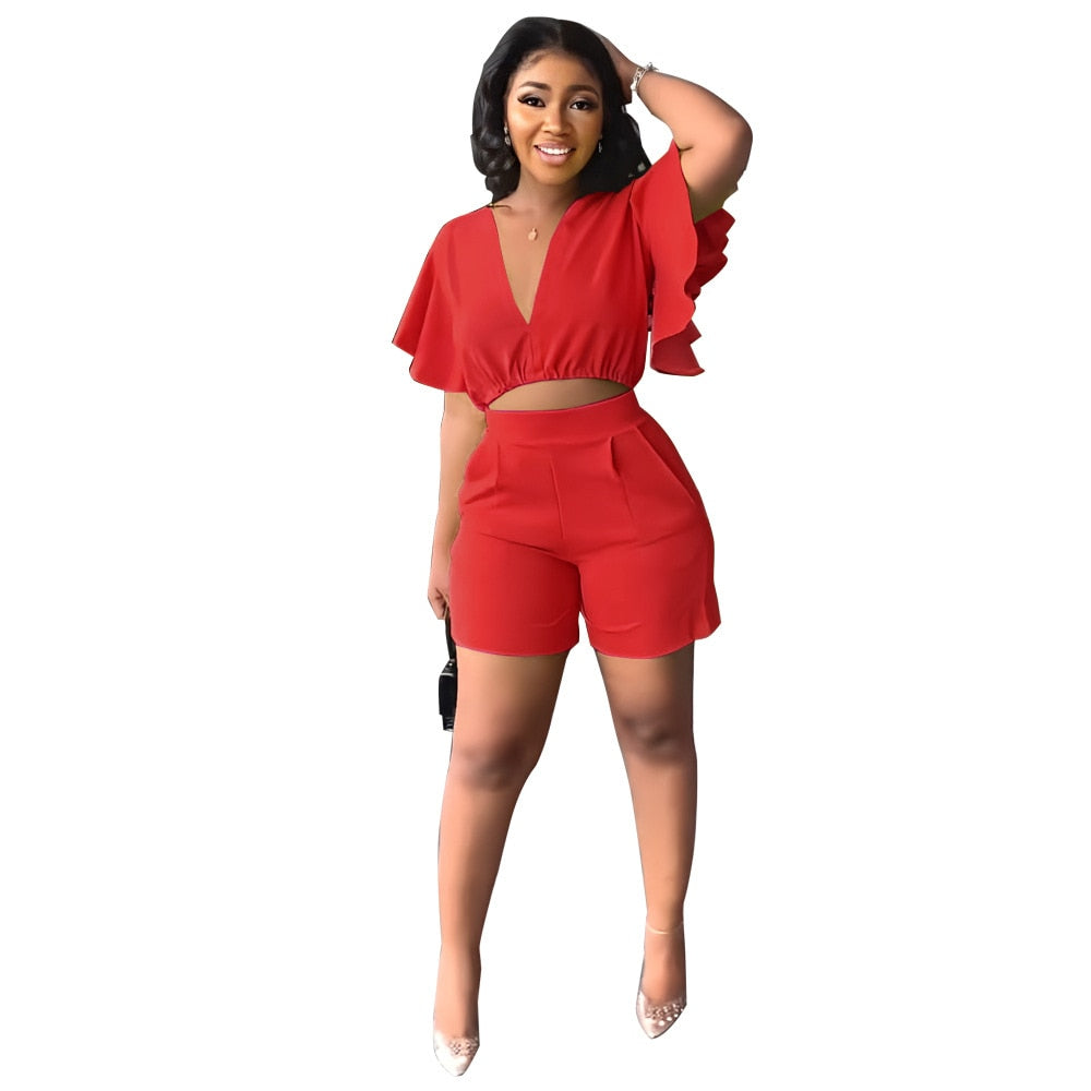 Sexy V Neck Ruffles Sleeve Crop Top &amp; Pockets Shorts Suit