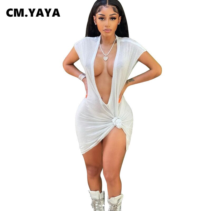 CM.YAYA Women Dress Solid Short Sleeve Deep V-neck