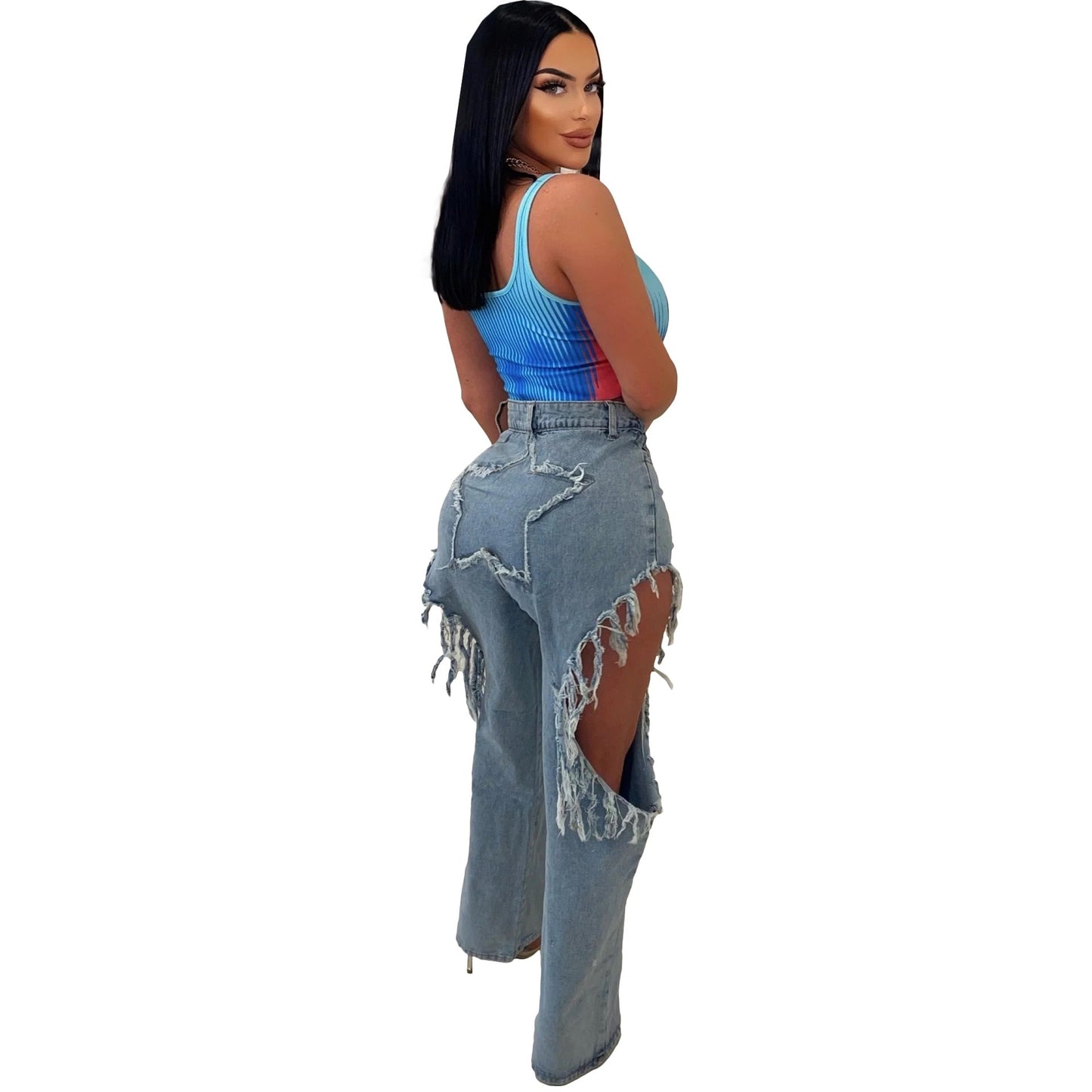 Ripped Women High Waist Tassel Jeans Hole Heart Irregular Denim Trousers Summer Streetwear Casual Wild Straight Pants 2023