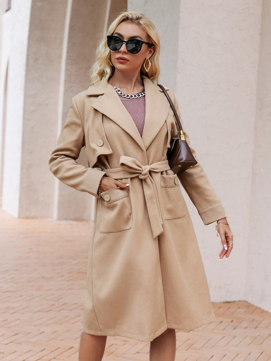 Simplee Elegant v-neck lace up long sleeve button trench coats Office notched pocket sash long coat Female blazer collar outwear
