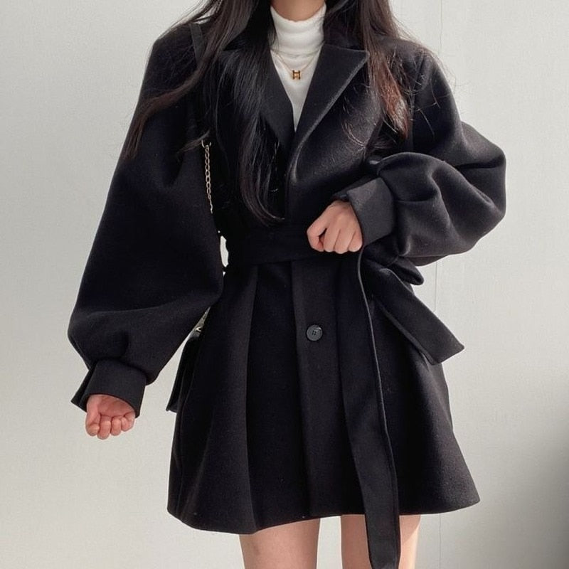 Women Solid Wool Blend Coat Slim Fit Belt Coats